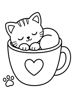 Free printable Sleeping Kitten In Coffee Mug coloring page