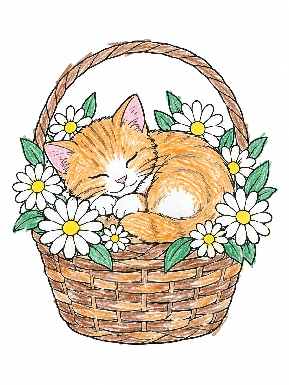 Colored example of the Sleeping Kitten In Daisy Basket coloring page
