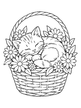Free printable Sleeping Kitten In Daisy Basket coloring page