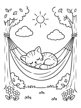 Free printable Sleeping Kitten In A Garden Hammock coloring page