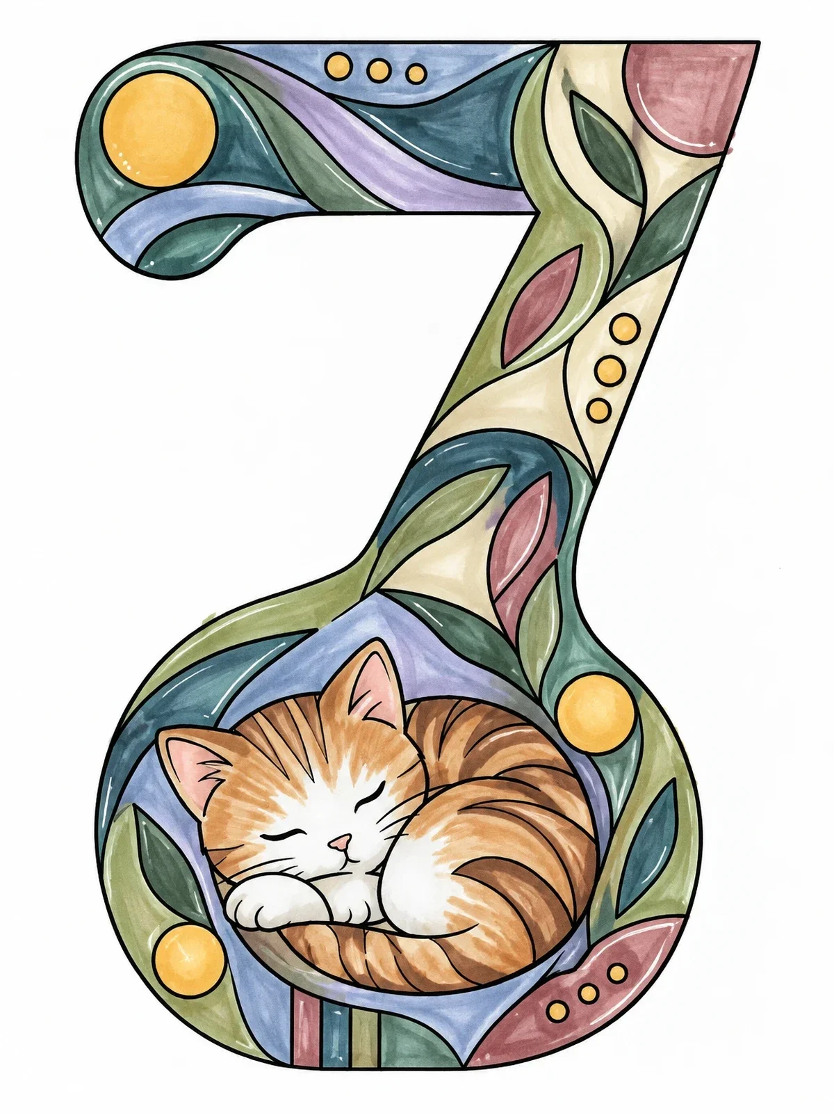 Colored example of the Sleeping Kitten In Number Seven coloring page