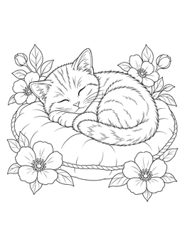 A peaceful sleeping kitten coloring page framed by blooming flowers on a cushion.