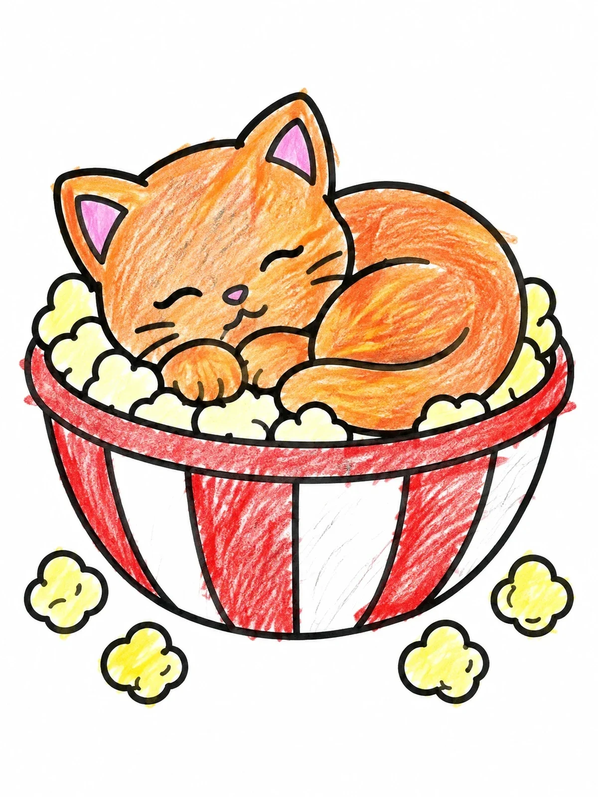 Colored example of the Sleeping Kitten In Popcorn Bowl coloring page