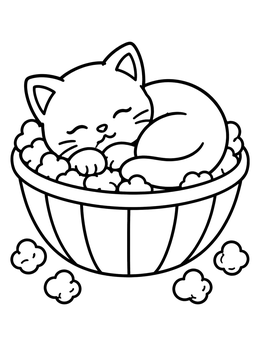 Free printable Sleeping Kitten In Popcorn Bowl coloring page