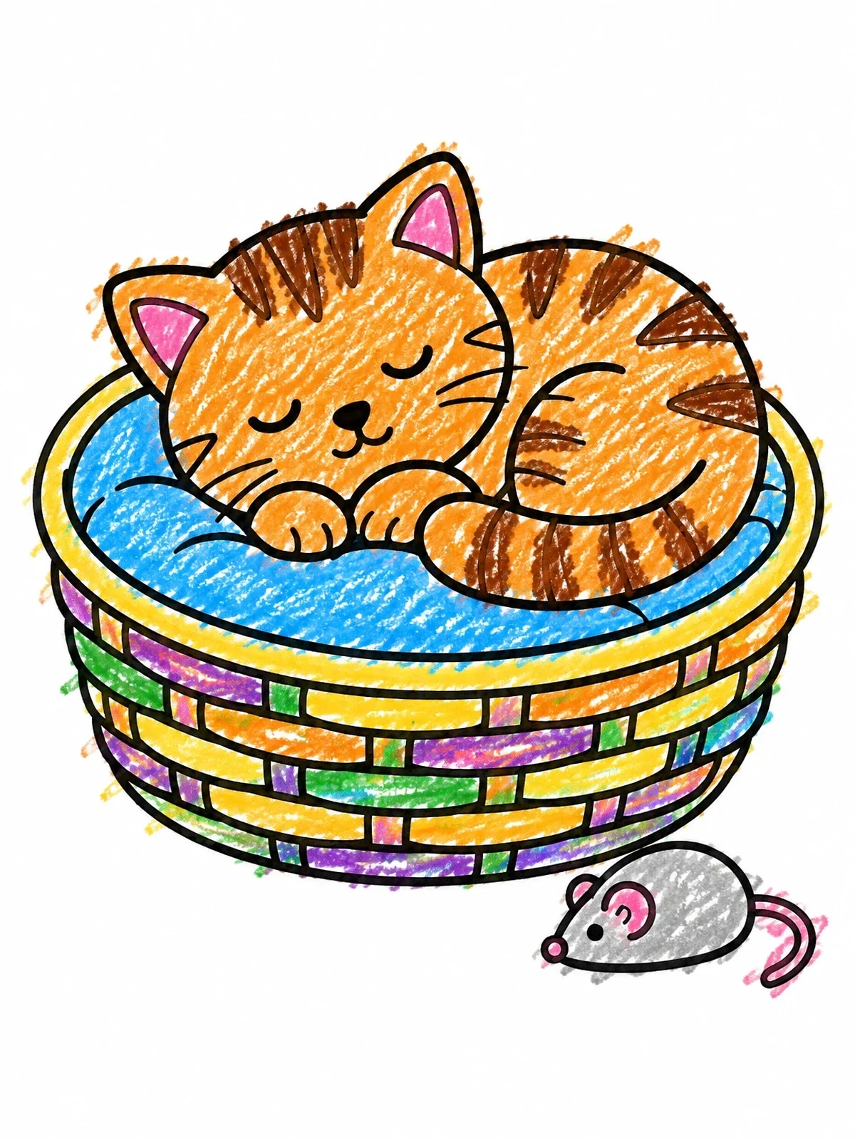 Colored example of the Sleeping Kitten In A Woven Basket coloring page
