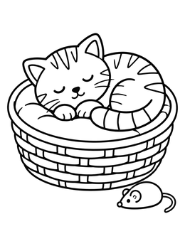 Free printable Sleeping Kitten In A Woven Basket coloring page