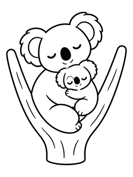 A sweet koala coloring page showing a sleeping mother cuddled with her joey in a tree fork.