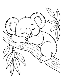 Free printable Sleeping Koala On Tree Branch coloring page