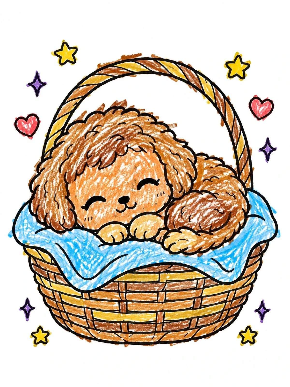 Colored example of the Sleeping Labradoodle Puppy In A Basket coloring page