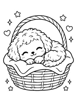 Free printable Sleeping Labradoodle Puppy In A Basket coloring page