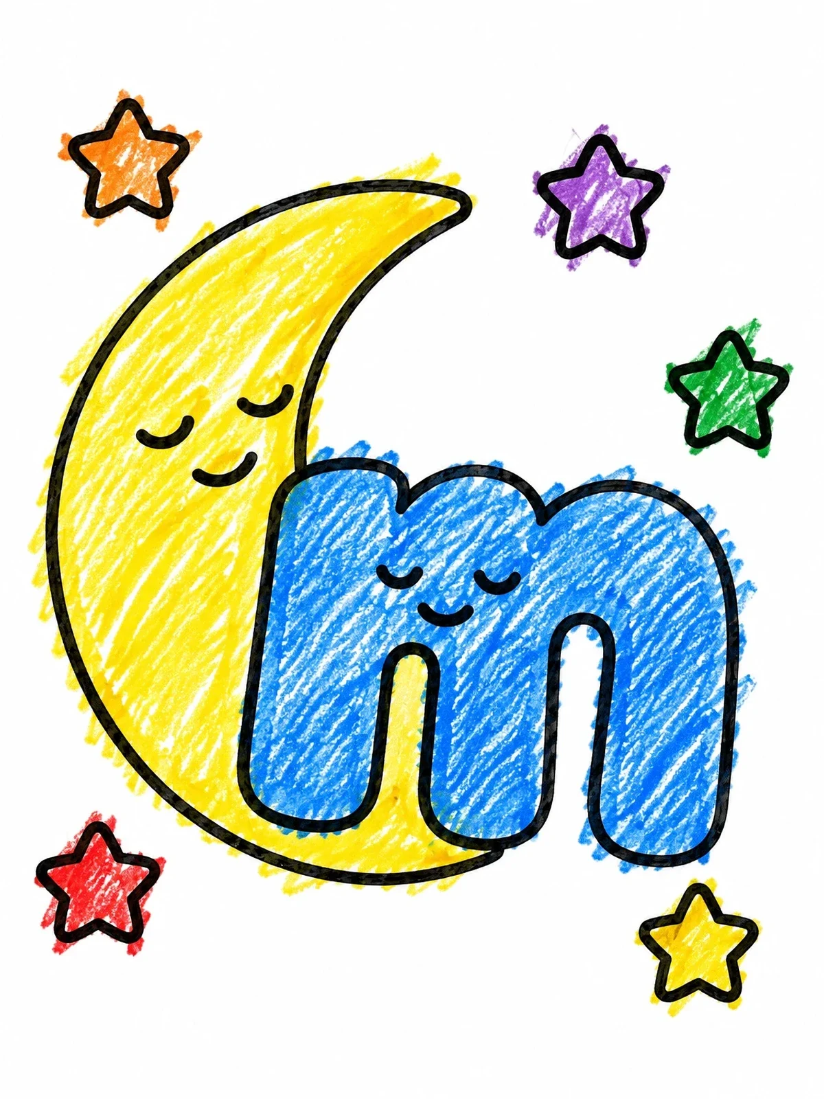 Colored example of the Sleeping Letter M And Crescent Moon coloring page
