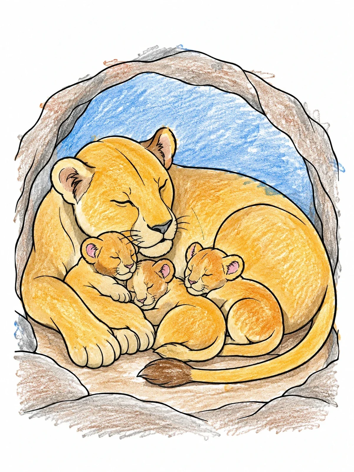 Colored example of the Sleeping Lioness With Her Cubs coloring page