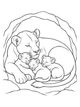 A peaceful lioness coloring page featuring a mother resting inside a den with three sleeping cubs.