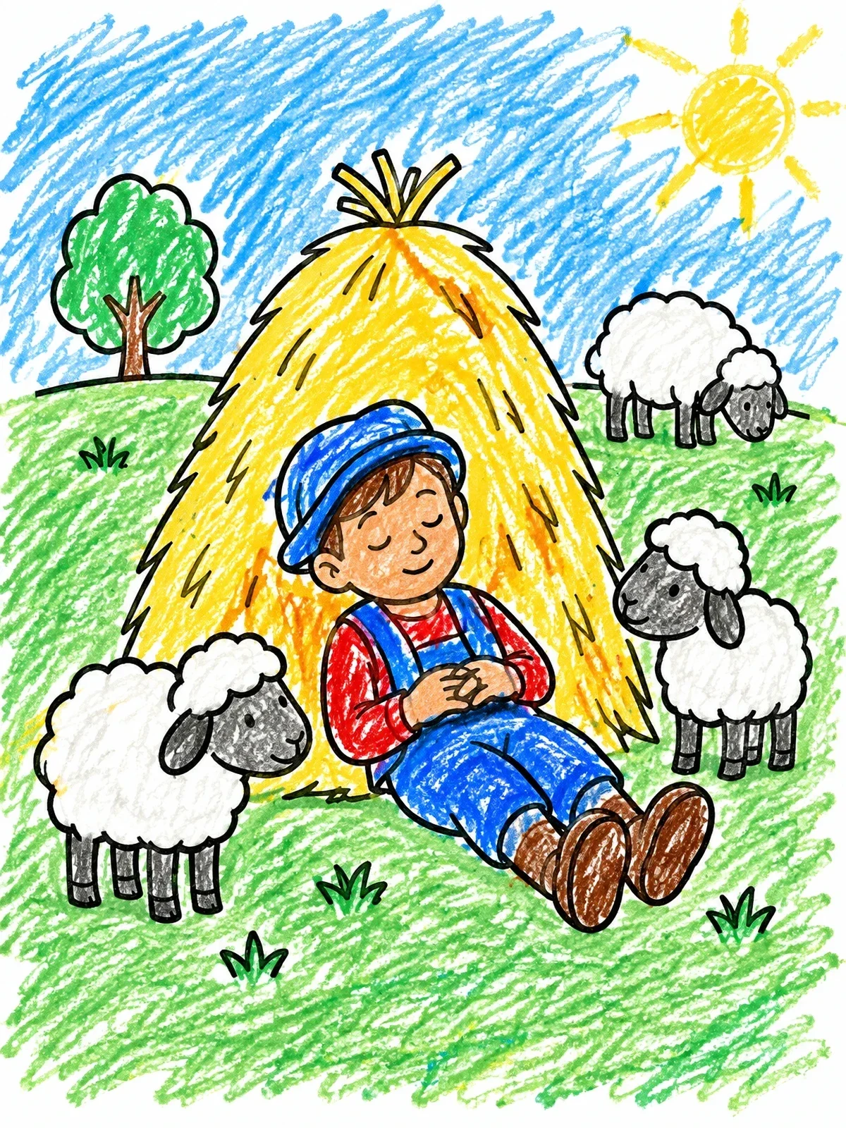 Colored example of the Little Boy Sleeping By A Haystack coloring page