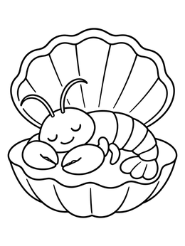 A cute lobster coloring page showing a sleeping little lobster curled up inside an open seashell.