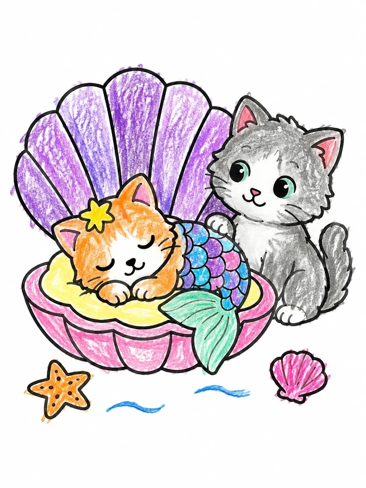 Colored example of the Sleeping Mercat With Kitten Friend coloring page