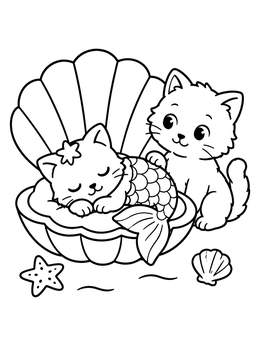 Free printable Sleeping Mercat With Kitten Friend coloring page
