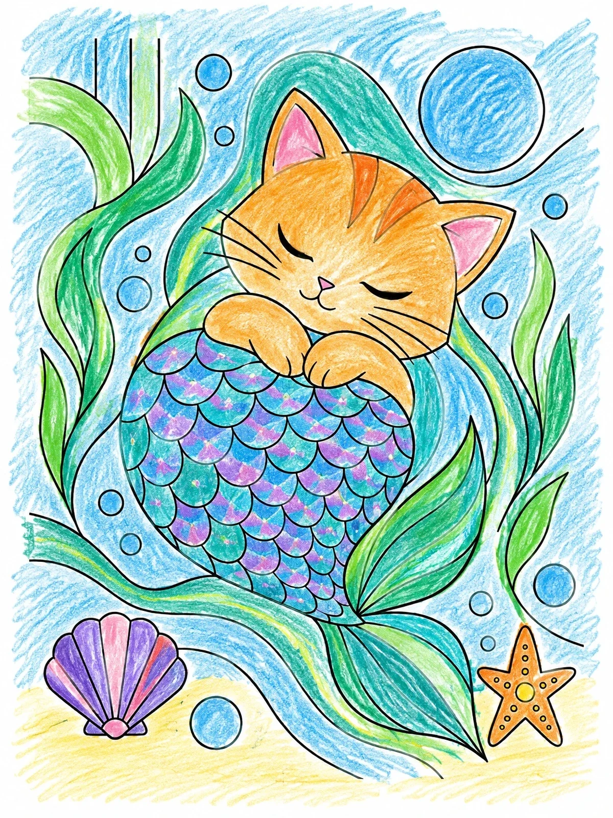 Colored example of the Sleeping Mermaid Kitten Under The Sea coloring page