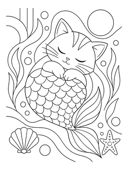 A peaceful sleeping mermaid cat coloring page surrounded by seaweed and shells.