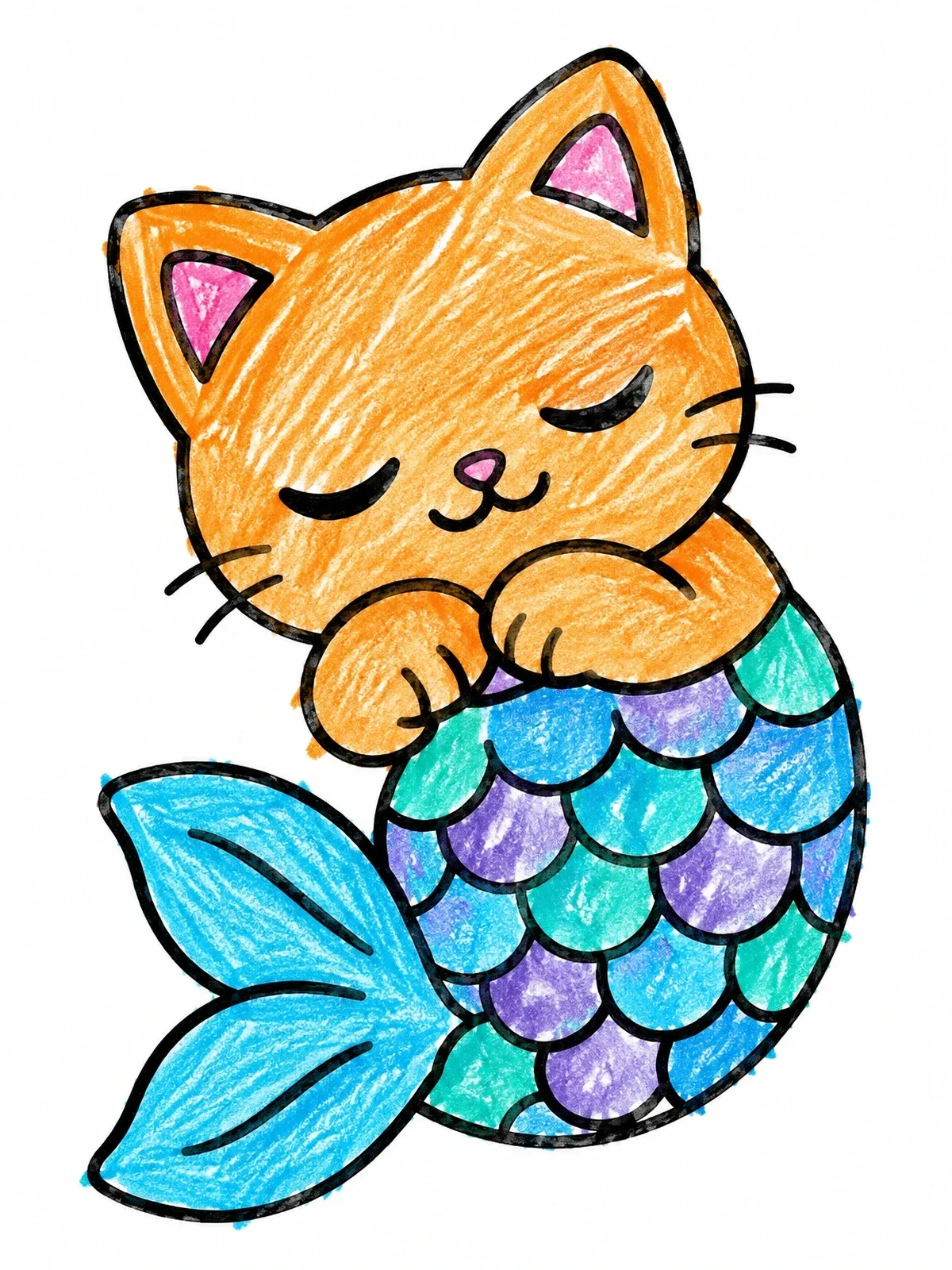 Colored example of the Sleeping Mermaid Kitten coloring page