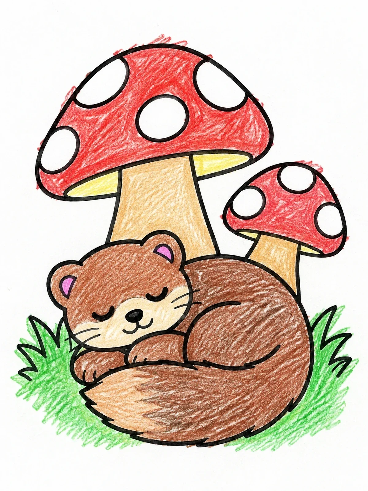 Colored example of the Sleeping Mink Under Spotted Mushrooms coloring page
