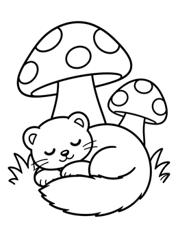 A cute mink coloring page showing the animal sleeping curled up beneath two mushrooms.