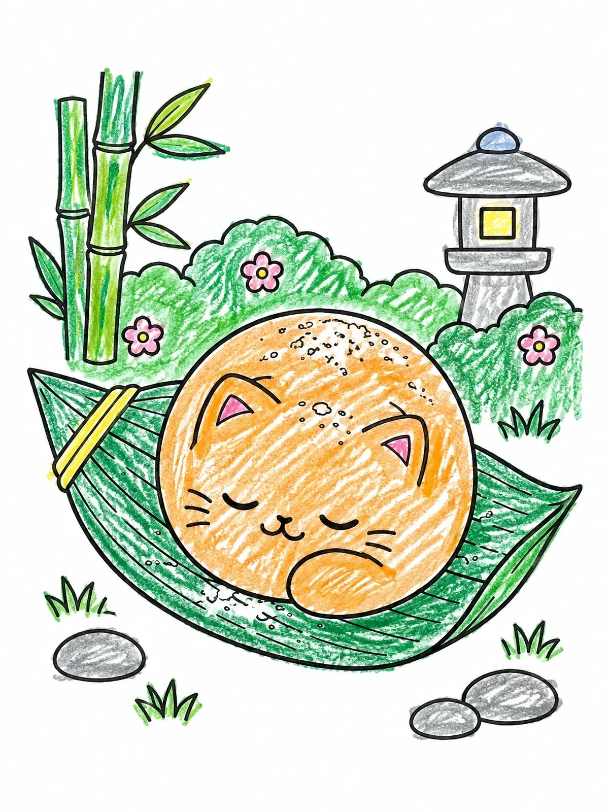 Colored example of the Sleeping Mochi Cat In Garden coloring page