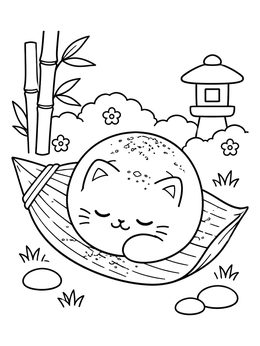 Free printable Sleeping Mochi Cat In Garden coloring page