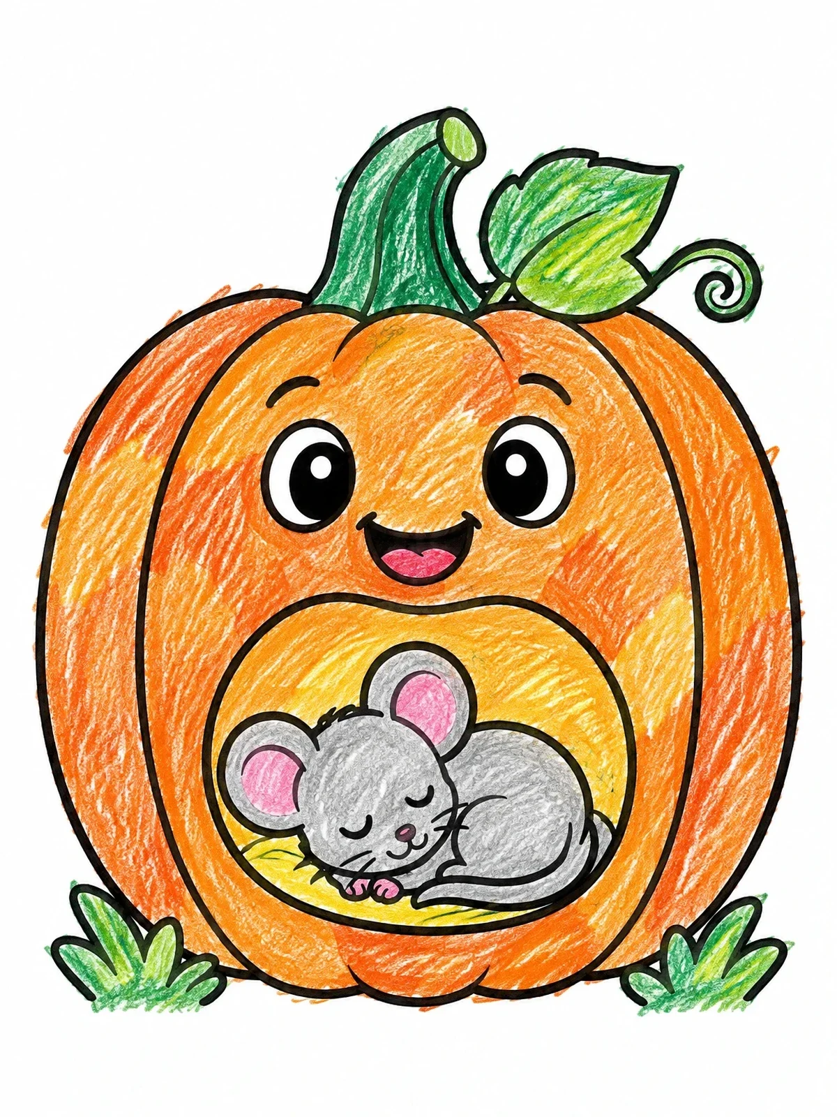 Colored example of the Little Mouse Sleeping In A Pumpkin coloring page