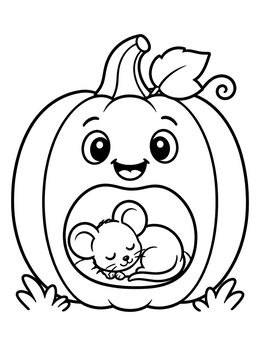 A cute pumpkin coloring page showing a sleeping mouse curled up inside.