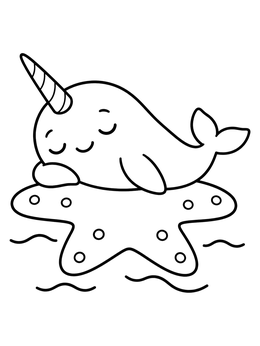 A cute narwhal coloring page showing the little whale sleeping comfortably on a floating starfish.