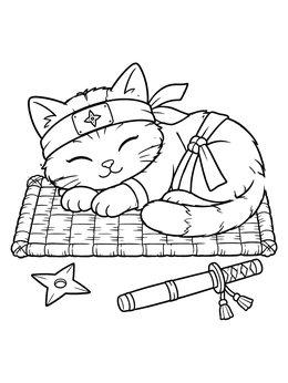 Free printable Sleeping Ninja Kitten On Mat coloring page
