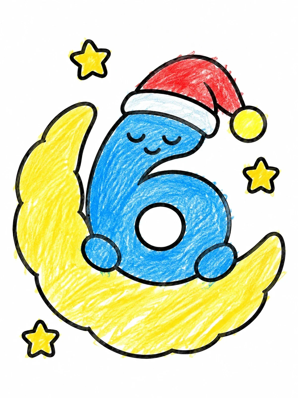 Colored example of the Sleeping Number 6 On Crescent Moon coloring page