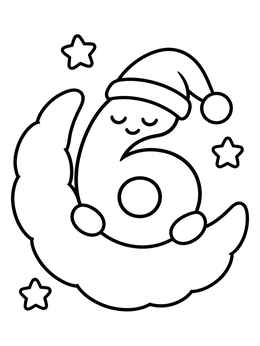 Free printable Sleeping Number 6 On Crescent Moon coloring page