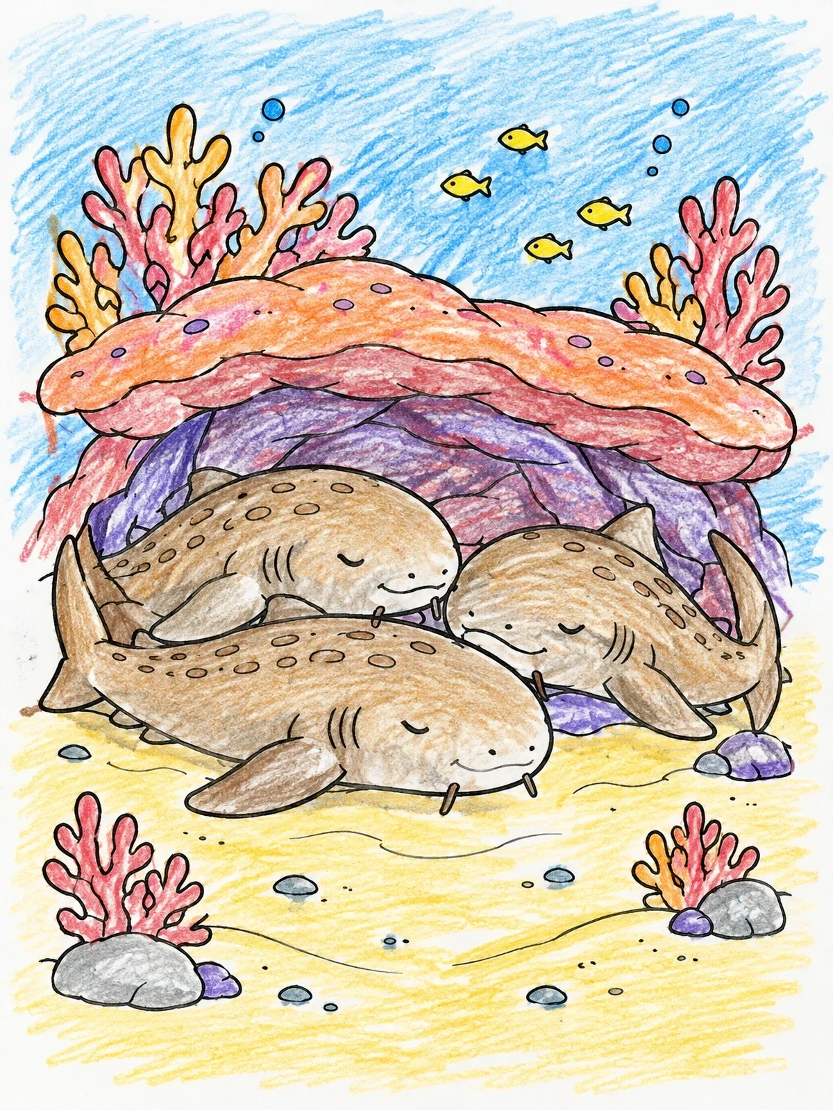 Colored example of the Sleeping Nurse Sharks Under Coral Shelf coloring page