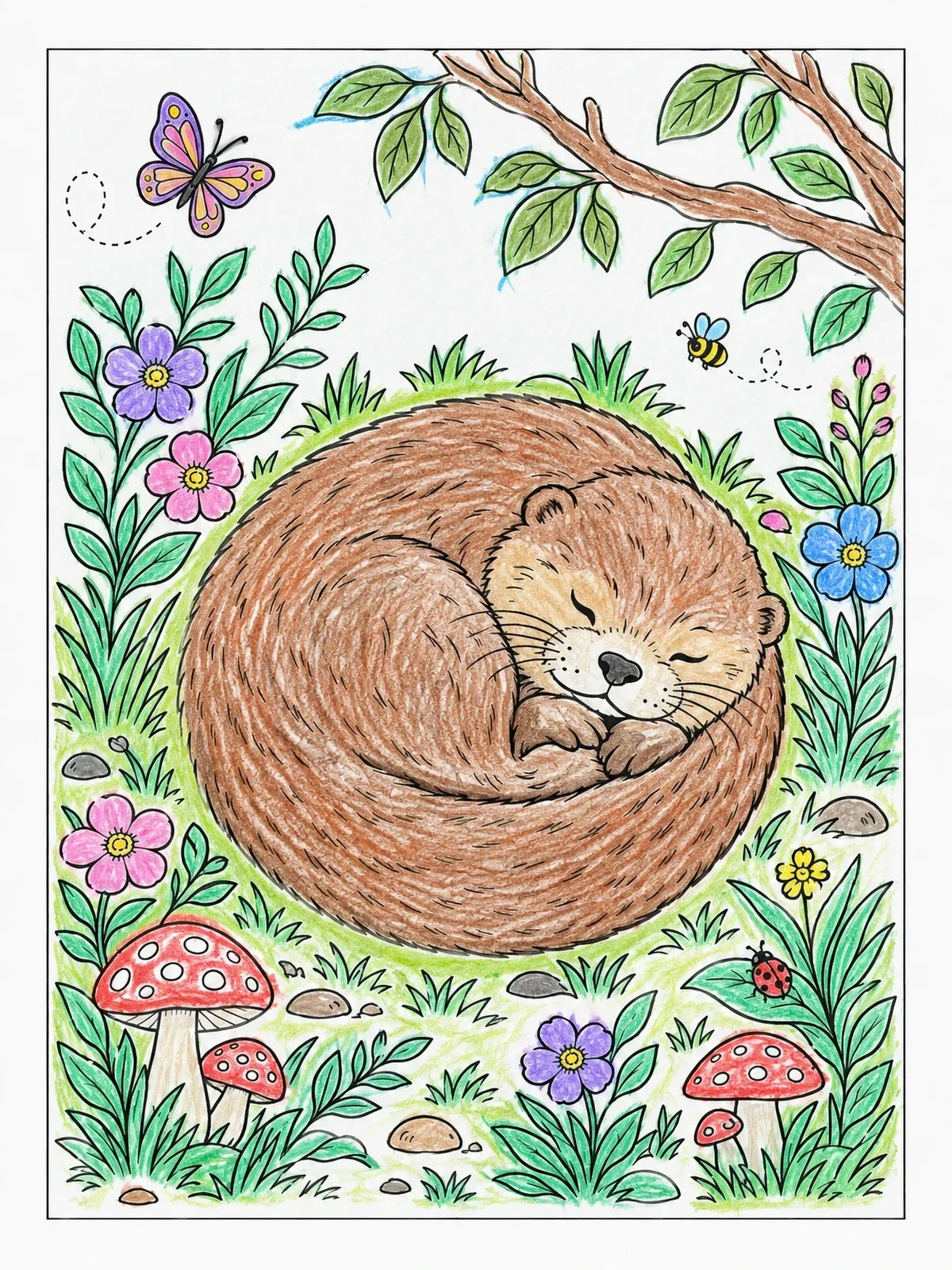 Colored example of the Sleeping Otter Curled In Nature coloring page