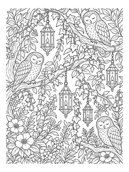 Free printable Sleeping Owls And Hanging Lanterns coloring page