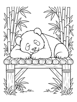 A peaceful giant panda resting on a bamboo coloring page outdoors.