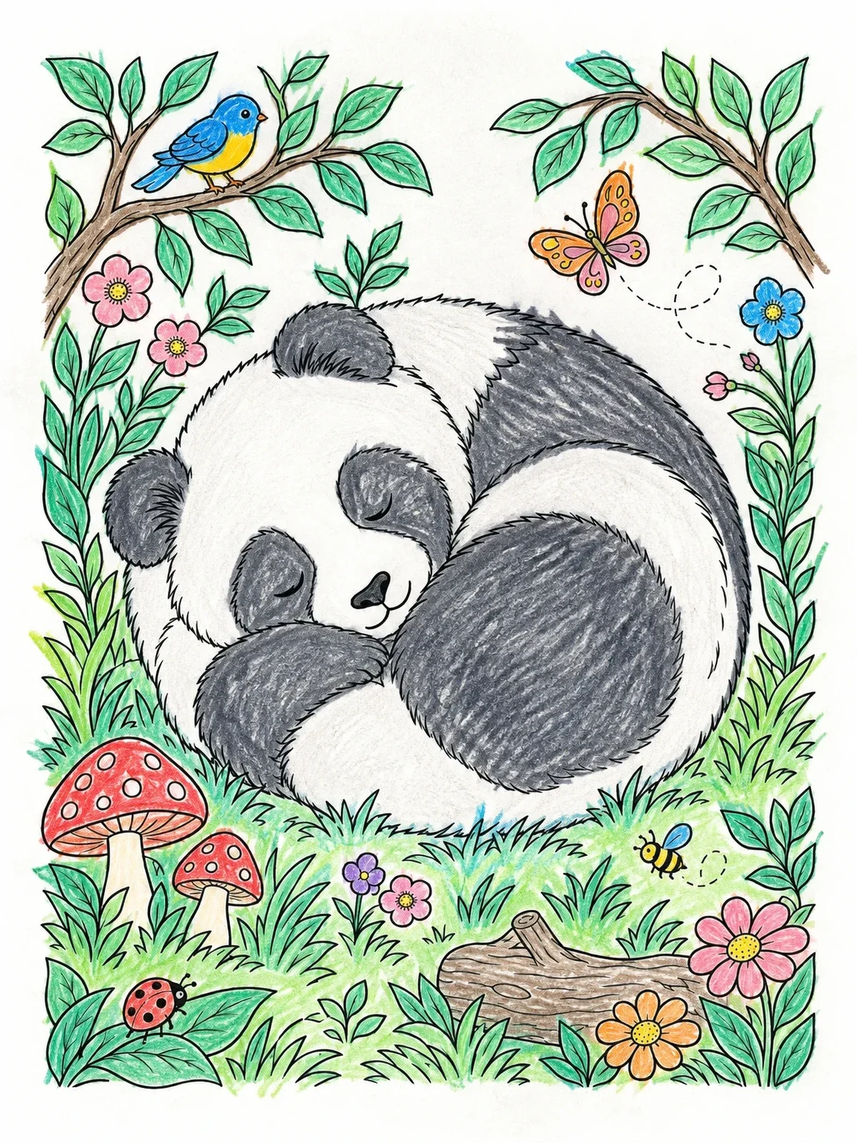 Colored example of the Sleeping Panda Curled In Nature coloring page