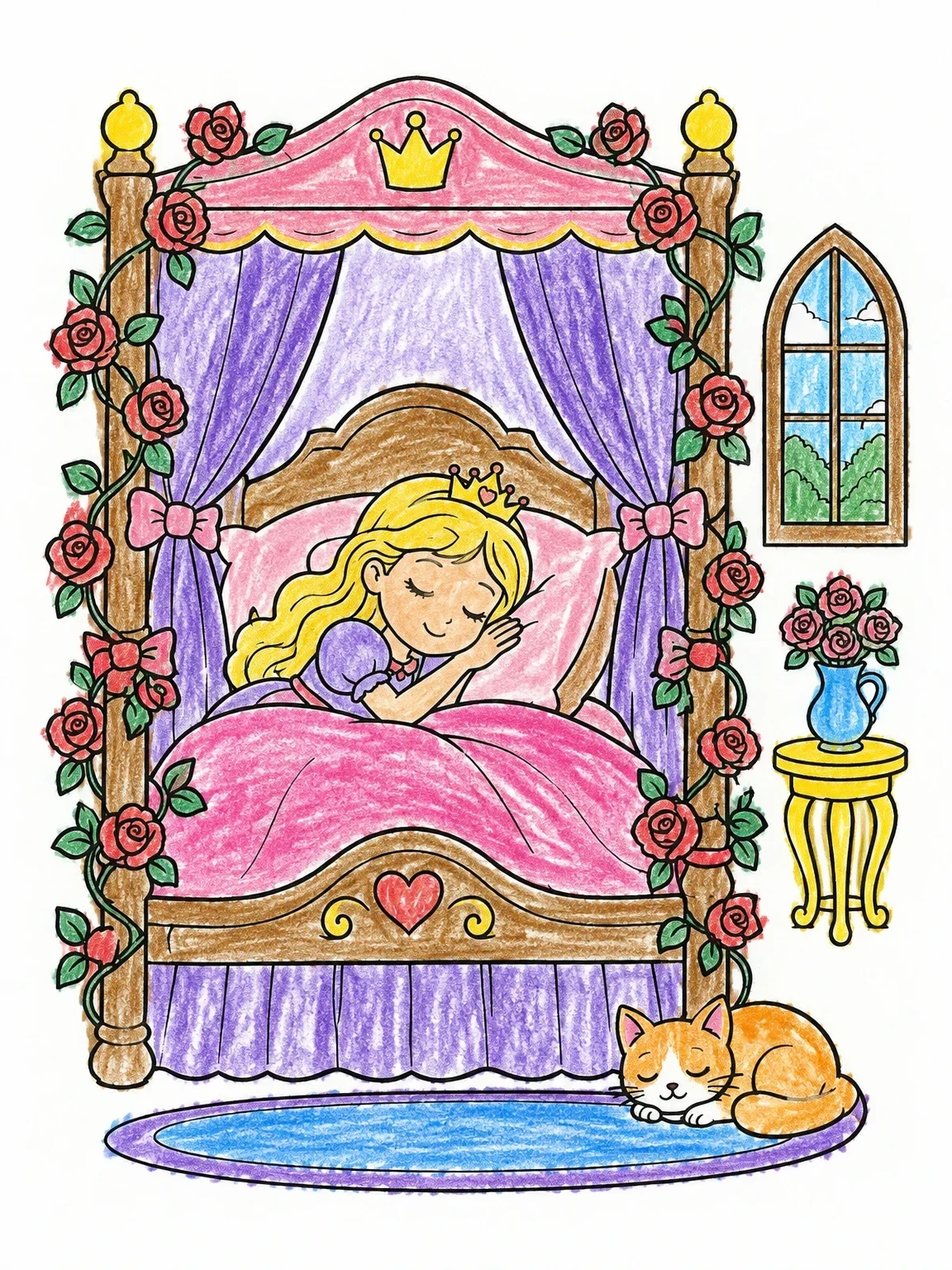 Colored example of the Sleeping Princess In Rose Canopy Bed coloring page