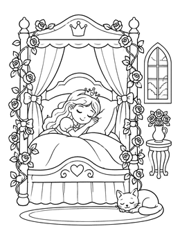 Free printable Sleeping Princess In Rose Canopy Bed coloring page