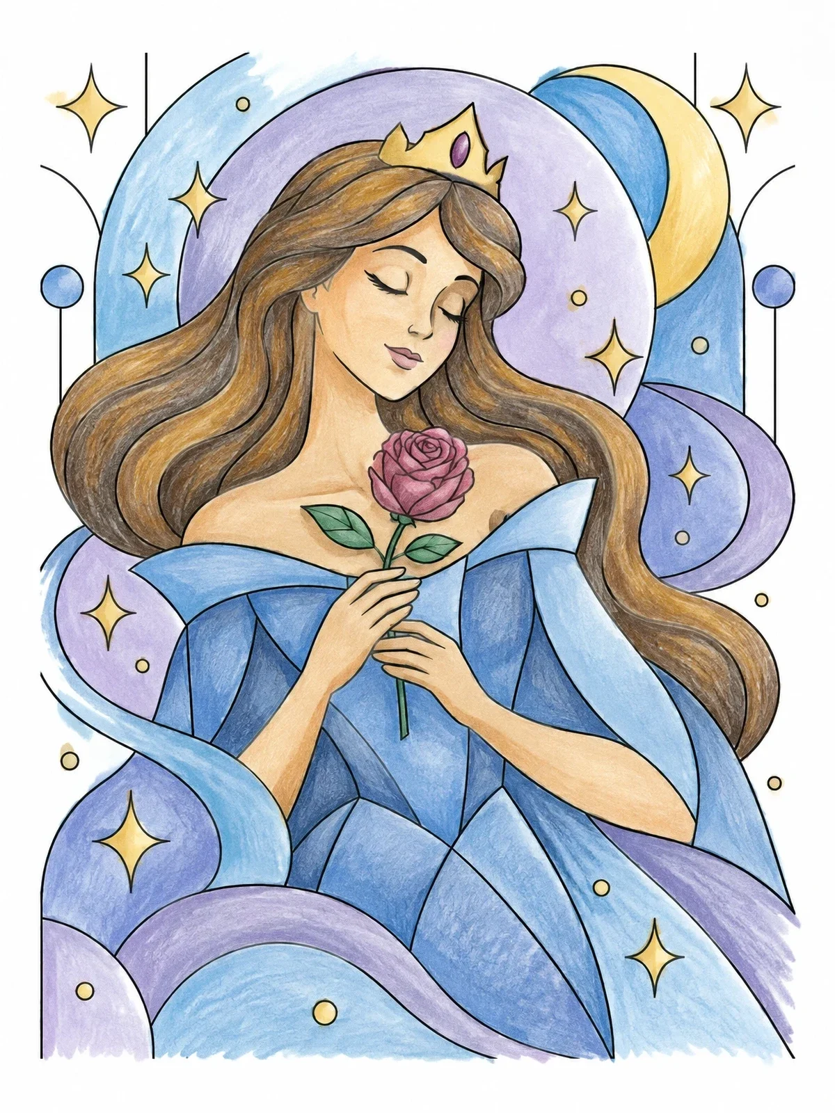 Colored example of the Sleeping Princess Holding A Rose coloring page