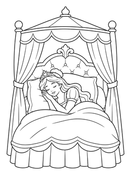 A serene sleeping princess coloring page showing royalty resting peacefully in a grand canopy bed.