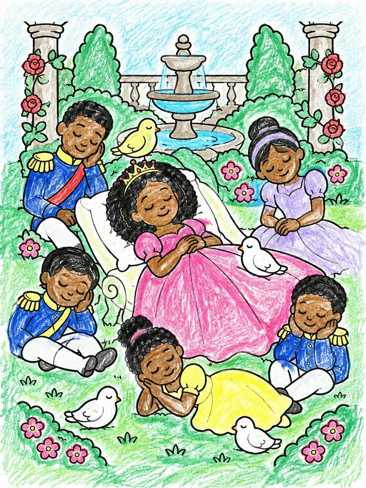 Colored example of the Sleeping Princess In The Palace Garden coloring page