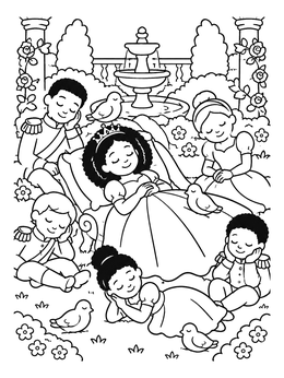 Free printable Sleeping Princess In The Palace Garden coloring page
