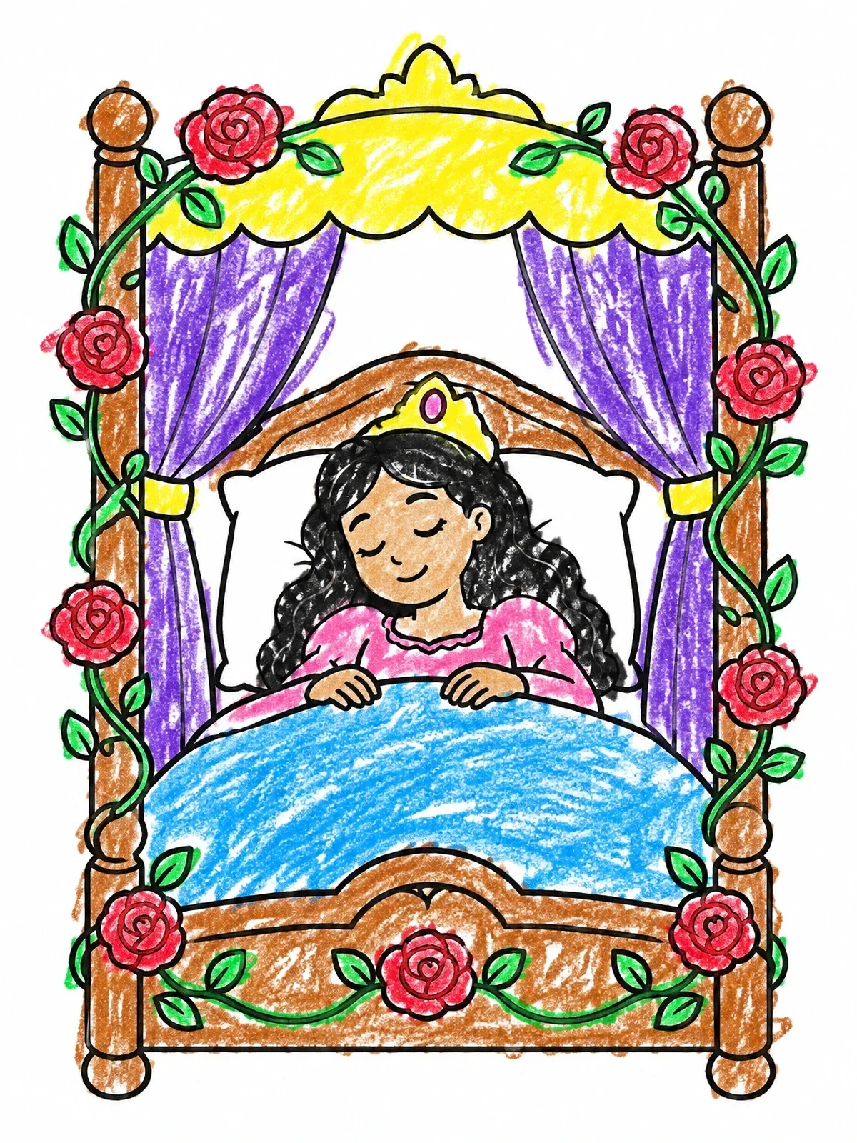 Colored example of the Sleeping Princess In Rose Canopy Bed coloring page