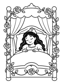 Free printable Sleeping Princess In Rose Canopy Bed coloring page