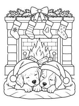 Two sleeping puppies by a hearth in this christmas fireplace coloring page.