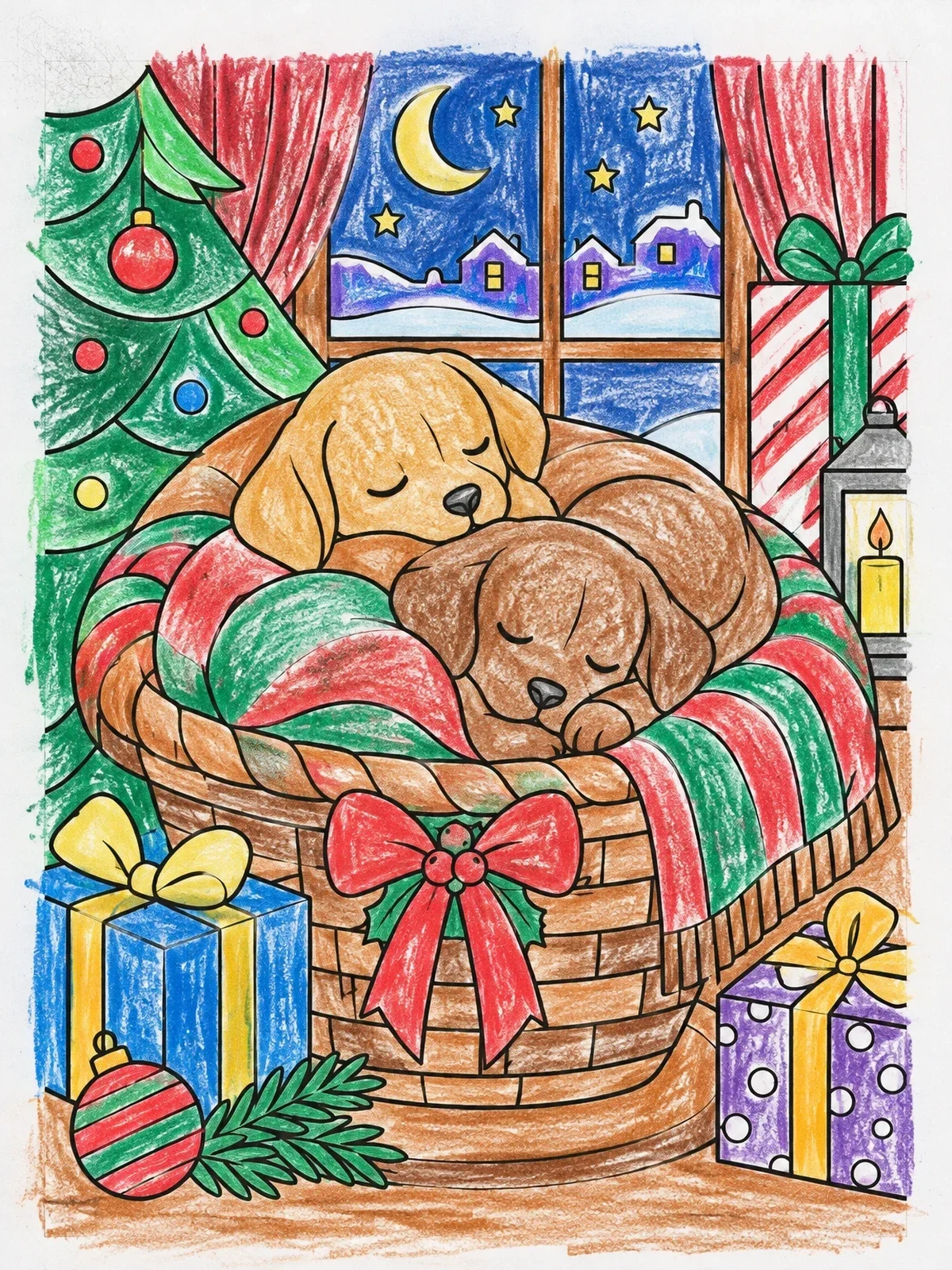Colored example of the Sleeping Puppies By The Holiday Window coloring page