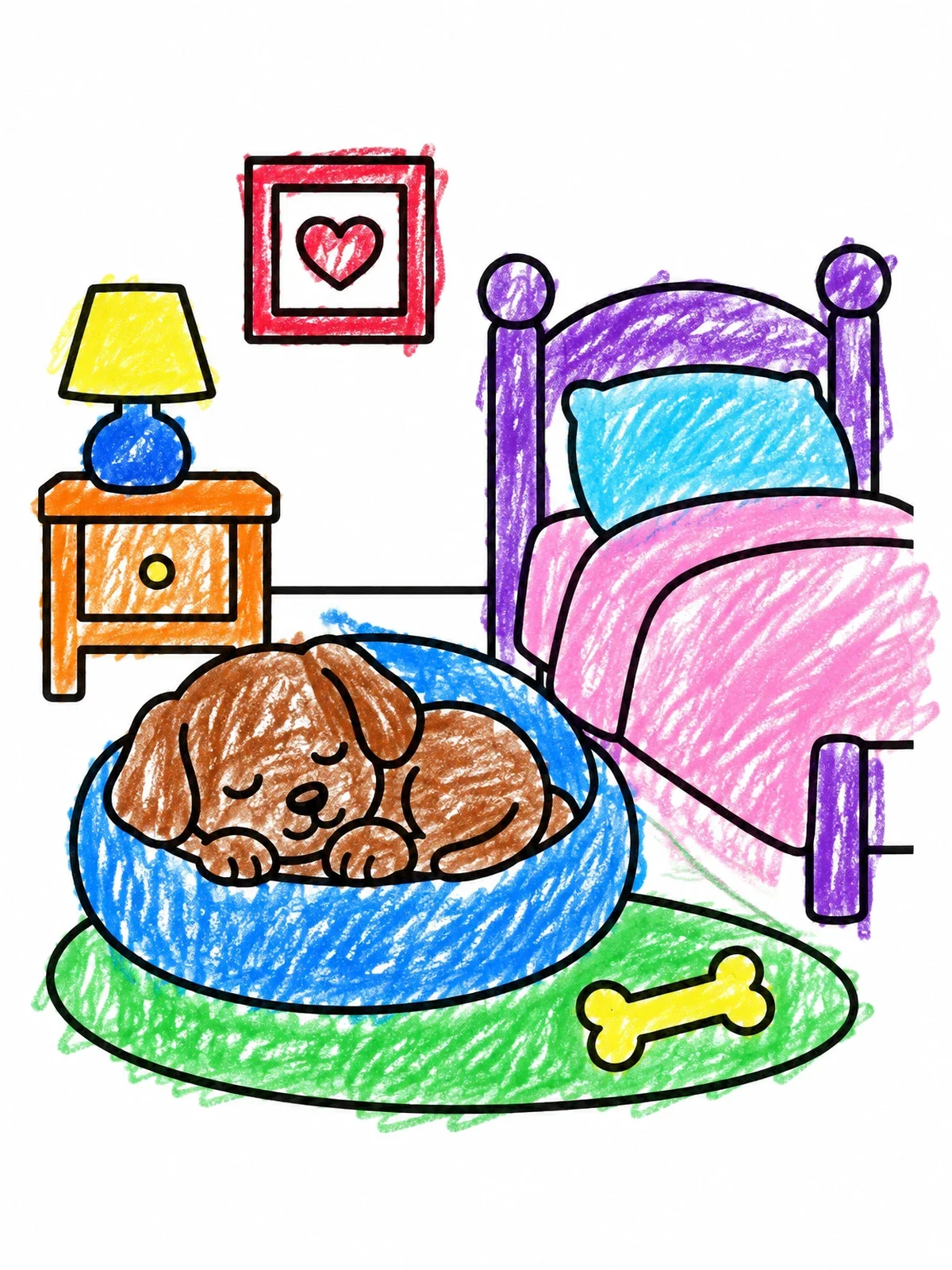Colored example of the Sleeping Puppy In Cozy Bedroom coloring page
